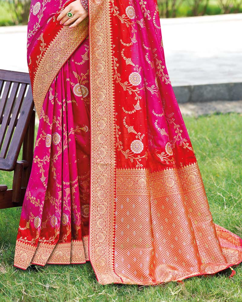 Vishal Prints Cherry Red Designer Dola Silk Weaving And Diamond Work Saree With Core Piping