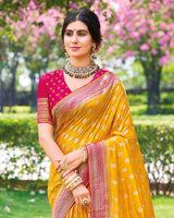 Vishal Prints Mustard Designer Dola Silk Weaving And Diamond Work Saree With Core Piping
