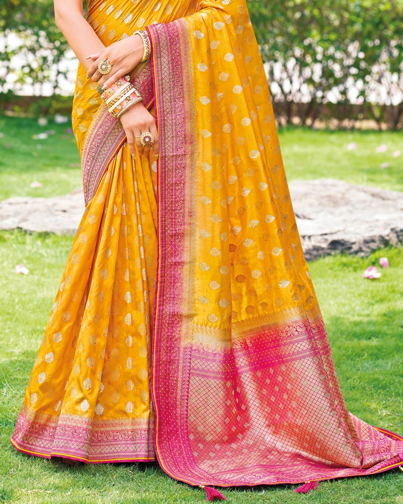 Vishal Prints Mustard Designer Dola Silk Weaving And Diamond Work Saree With Core Piping