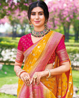 Vishal Prints Mustard Designer Dola Silk Weaving And Diamond Work Saree With Core Piping
