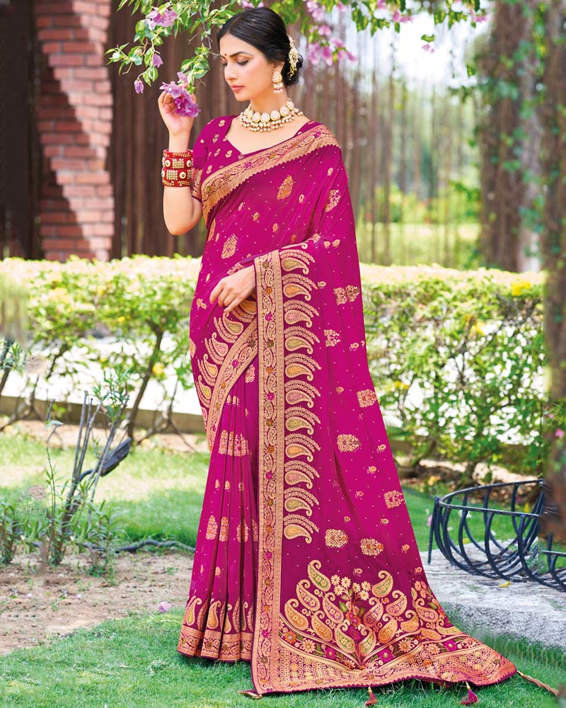 Vishal Prints Dark Fuchsia Designer Dola Silk Weaving And Diamond Work Saree With Core Piping