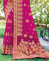 Vishal Prints Dark Fuchsia Designer Dola Silk Weaving And Diamond Work Saree With Core Piping