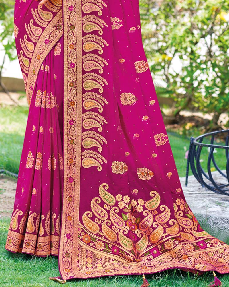 Vishal Prints Dark Fuchsia Designer Dola Silk Weaving And Diamond Work Saree With Core Piping