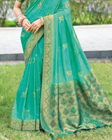 Vishal Prints Aqua Green Designer Dola Silk Weaving And Diamond Work Saree With Core Piping