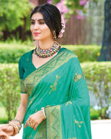Vishal Prints Aqua Green Designer Dola Silk Weaving And Diamond Work Saree With Core Piping