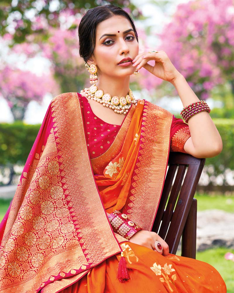Vishal Prints Orange Designer Dola Silk Weaving And Diamond Work Saree With Core Piping