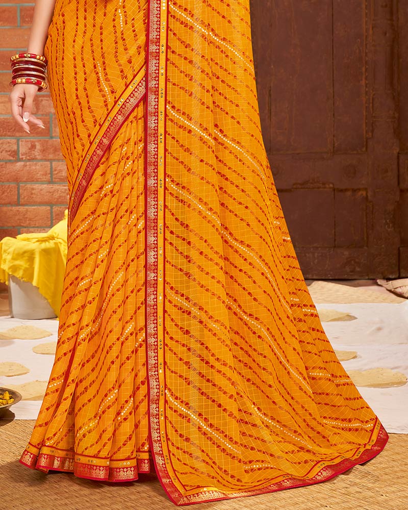 Vishal Prints Yellowish Orange Printed Bandhani Print Patterned Chiffon Saree With Foil