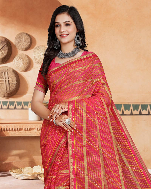 Vishal Prints Pinkish Red Printed Bandhani Print Patterned Chiffon Saree With Foil
