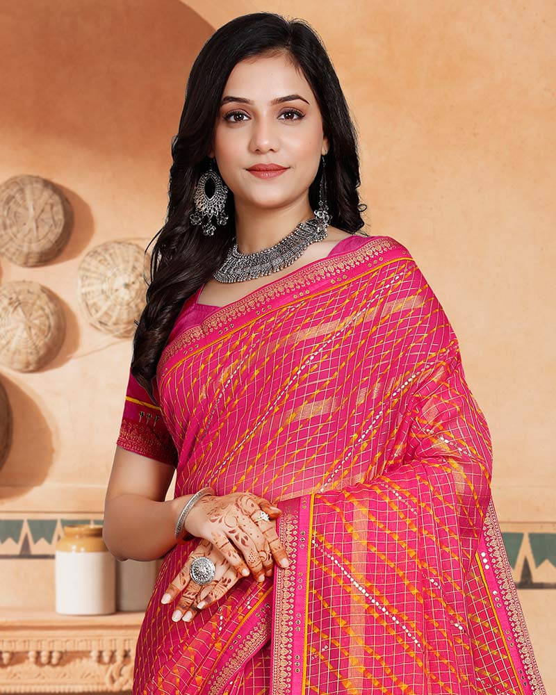 Vishal Prints Red Pink Printed Bandhani Print Patterned Chiffon Saree With Foil