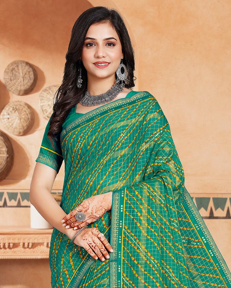 Vishal Prints Rama Green Printed Bandhani Print Patterned Chiffon Saree With Foil
