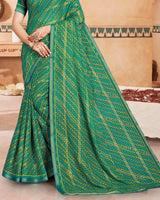 Vishal Prints Rama Green Printed Bandhani Print Patterned Chiffon Saree With Foil