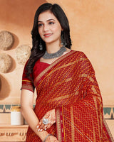 Vishal Prints Dark Red Printed Bandhani Print Patterned Chiffon Saree With Foil