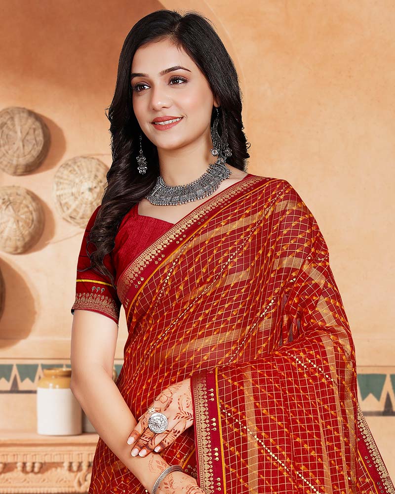 Vishal Prints Dark Red Printed Bandhani Print Patterned Chiffon Saree With Foil