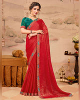 Vishal Prints Paprika Red Designer Fancy Chiffon Saree With Diamond Work And Cut Work Embroidery Border