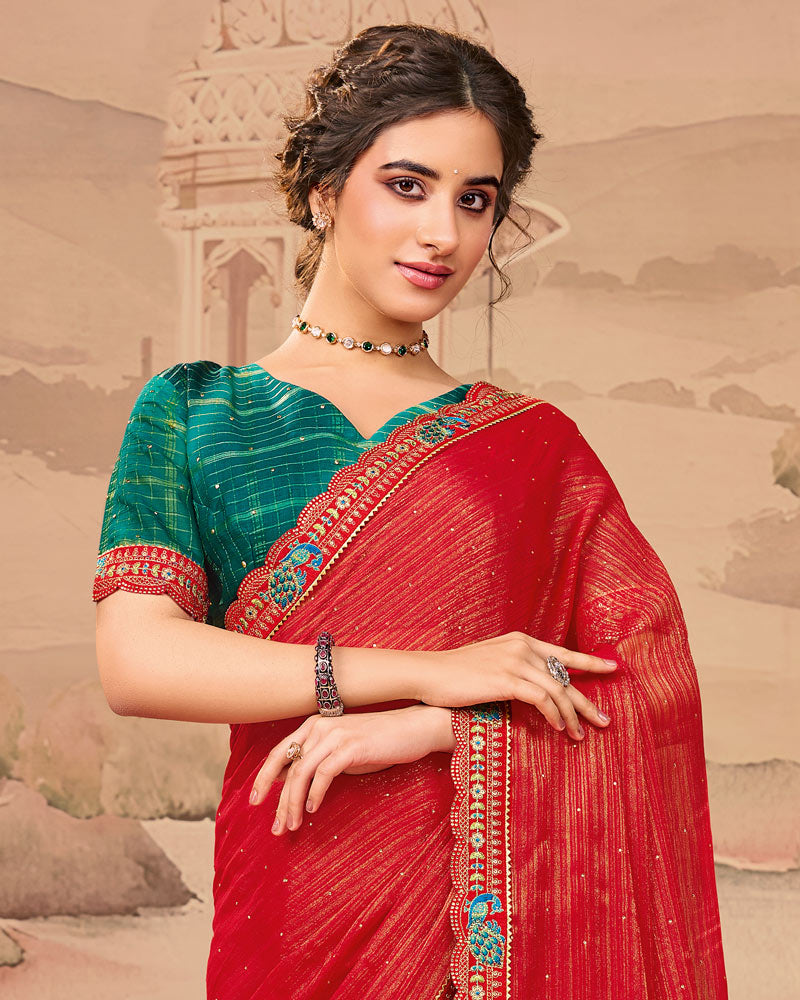 Vishal Prints Paprika Red Designer Fancy Chiffon Saree With Diamond Work And Cut Work Embroidery Border
