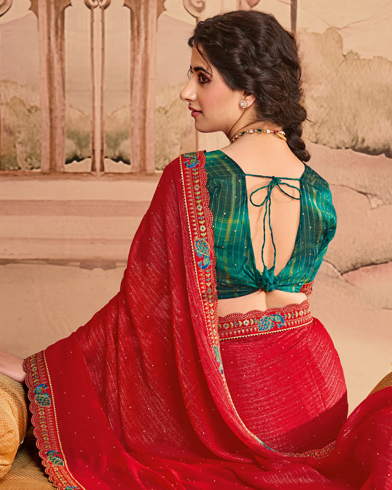 Vishal Prints Paprika Red Designer Fancy Chiffon Saree With Diamond Work And Cut Work Embroidery Border