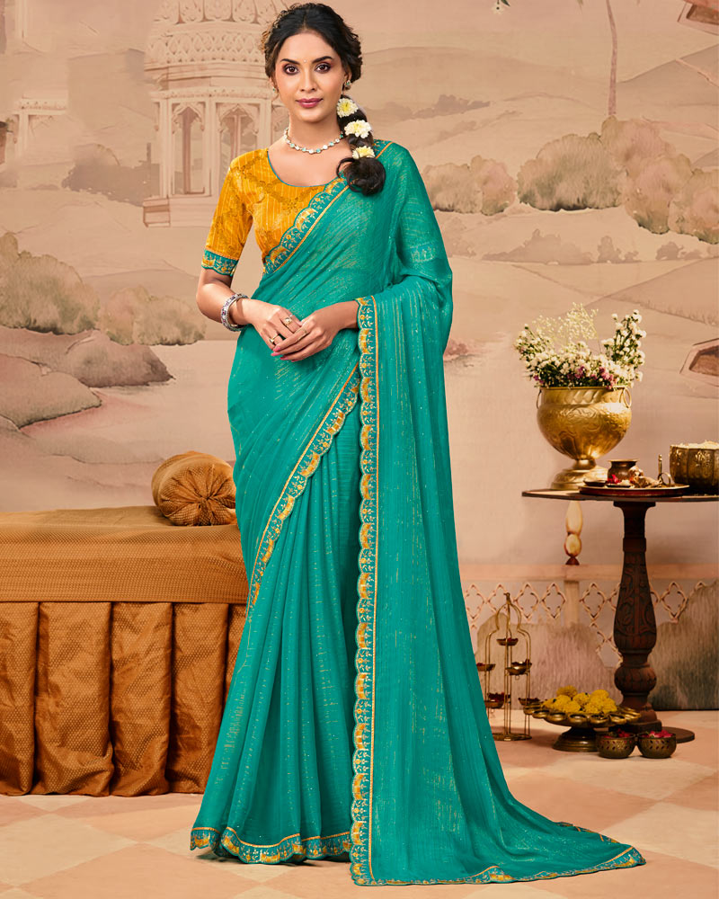 Vishal Prints Jade Green Designer Fancy Chiffon Saree With Diamond Work And Cut Work Embroidery Border