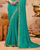 Vishal Prints Jade Green Designer Fancy Chiffon Saree With Diamond Work And Cut Work Embroidery Border