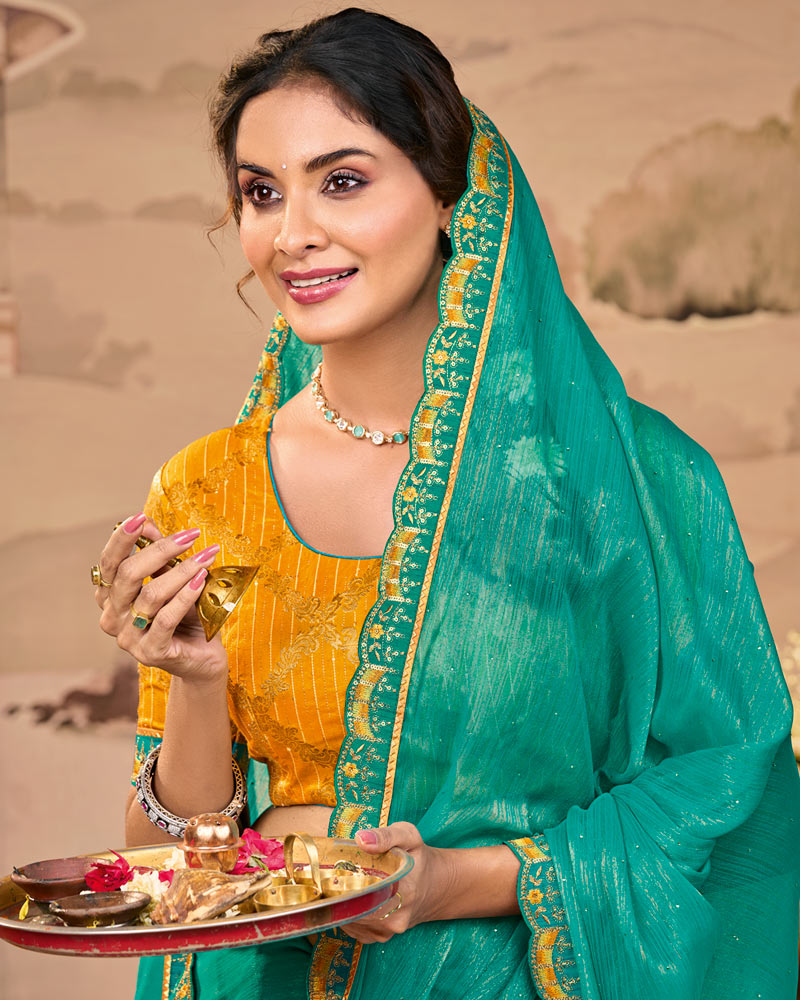 Vishal Prints Jade Green Designer Fancy Chiffon Saree With Diamond Work And Cut Work Embroidery Border