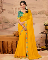 Vishal Prints Mustard Yellow Designer Fancy Chiffon Saree With Diamond Work And Cut Work Embroidery Border