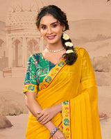 Vishal Prints Mustard Yellow Designer Fancy Chiffon Saree With Diamond Work And Cut Work Embroidery Border
