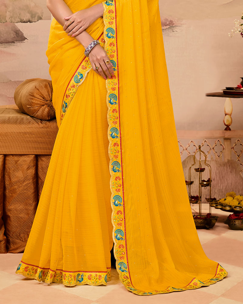 Vishal Prints Mustard Yellow Designer Fancy Chiffon Saree With Diamond Work And Cut Work Embroidery Border