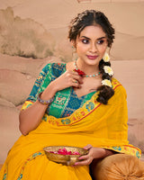 Vishal Prints Mustard Yellow Designer Fancy Chiffon Saree With Diamond Work And Cut Work Embroidery Border