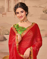 Vishal Prints Sindoori Red Designer Fancy Chiffon Saree With Diamond Work And Cut Work Embroidery Border