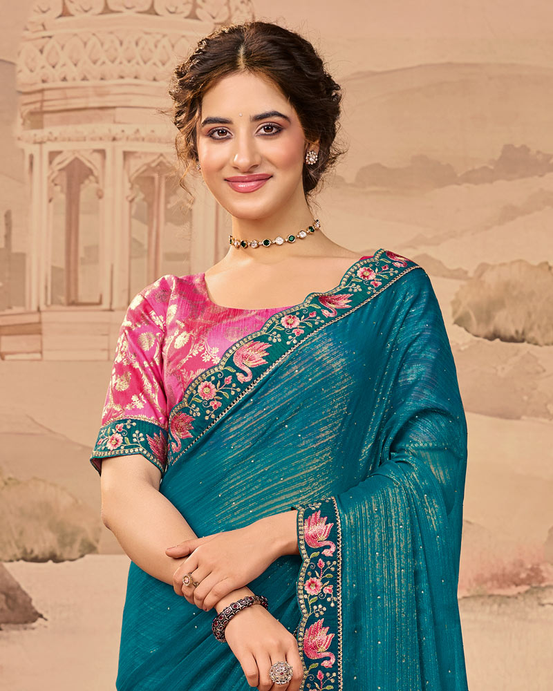 Vishal Prints Aquamarine Teal Blue Designer Fancy Chiffon Saree With Diamond Work And Cut Work Embroidery Border