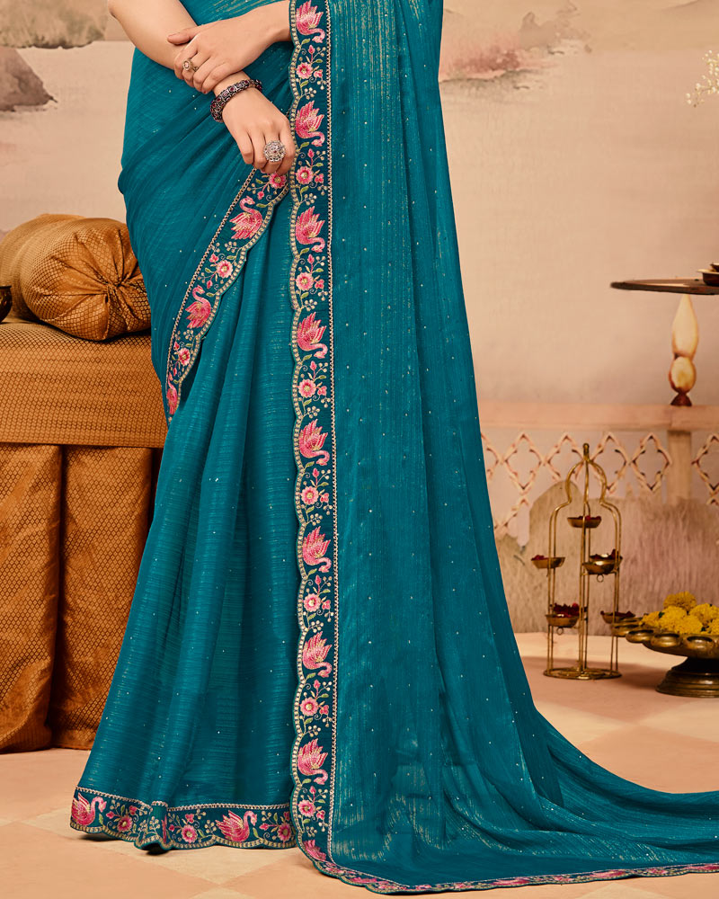 Vishal Prints Aquamarine Teal Blue Designer Fancy Chiffon Saree With Diamond Work And Cut Work Embroidery Border