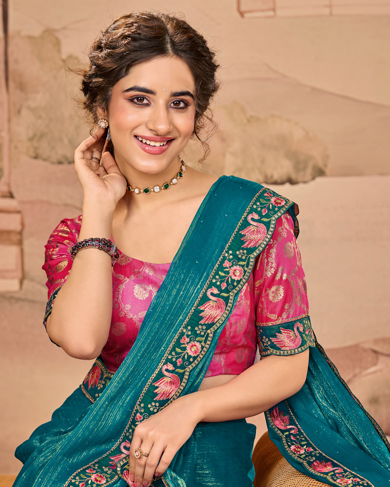 Vishal Prints Aquamarine Teal Blue Designer Fancy Chiffon Saree With Diamond Work And Cut Work Embroidery Border