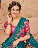 Vishal Prints Aquamarine Teal Blue Designer Fancy Chiffon Saree With Diamond Work And Cut Work Embroidery Border