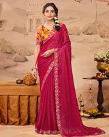 Vishal Prints Raspberry Pink Designer Fancy Chiffon Saree With Diamond Work And Cut Work Embroidery Border