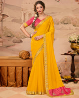 Vishal Prints Bright Yellow Designer Fancy Chiffon Saree With Diamond Work And Cut Work Embroidery Border