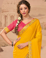 Vishal Prints Bright Yellow Designer Fancy Chiffon Saree With Diamond Work And Cut Work Embroidery Border