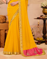 Vishal Prints Bright Yellow Designer Fancy Chiffon Saree With Diamond Work And Cut Work Embroidery Border