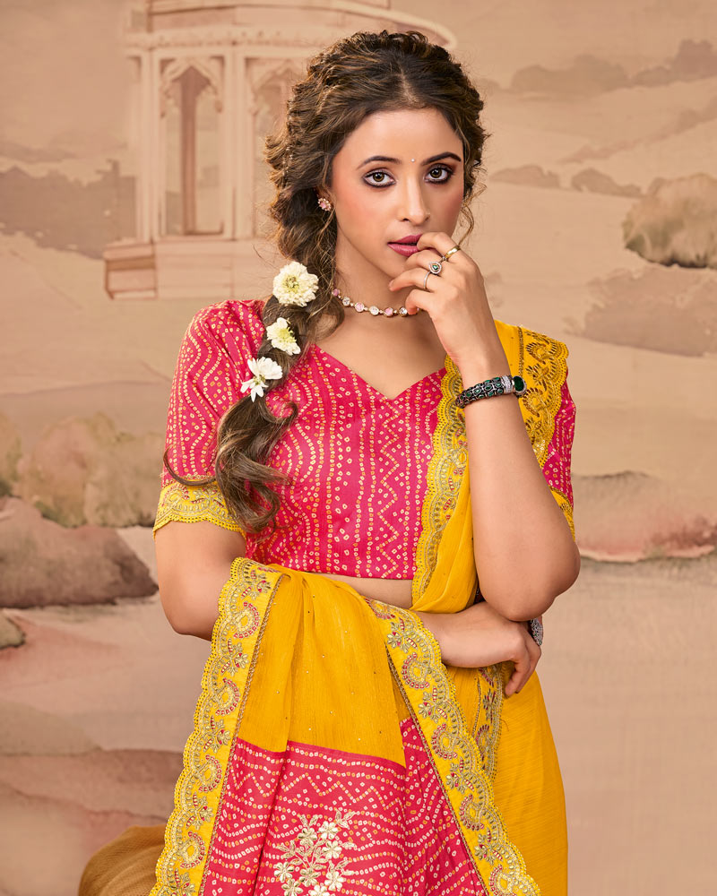 Vishal Prints Bright Yellow Designer Fancy Chiffon Saree With Diamond Work And Cut Work Embroidery Border
