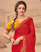 Vishal Prints Chilli Red Designer Fancy Chiffon Saree With Diamond Work And Cut Work Embroidery Border