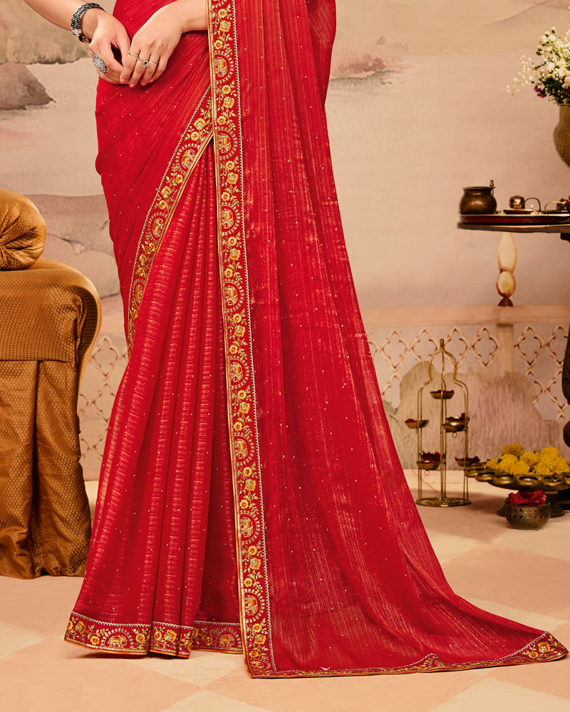 Vishal Prints Chilli Red Designer Fancy Chiffon Saree With Diamond Work And Cut Work Embroidery Border