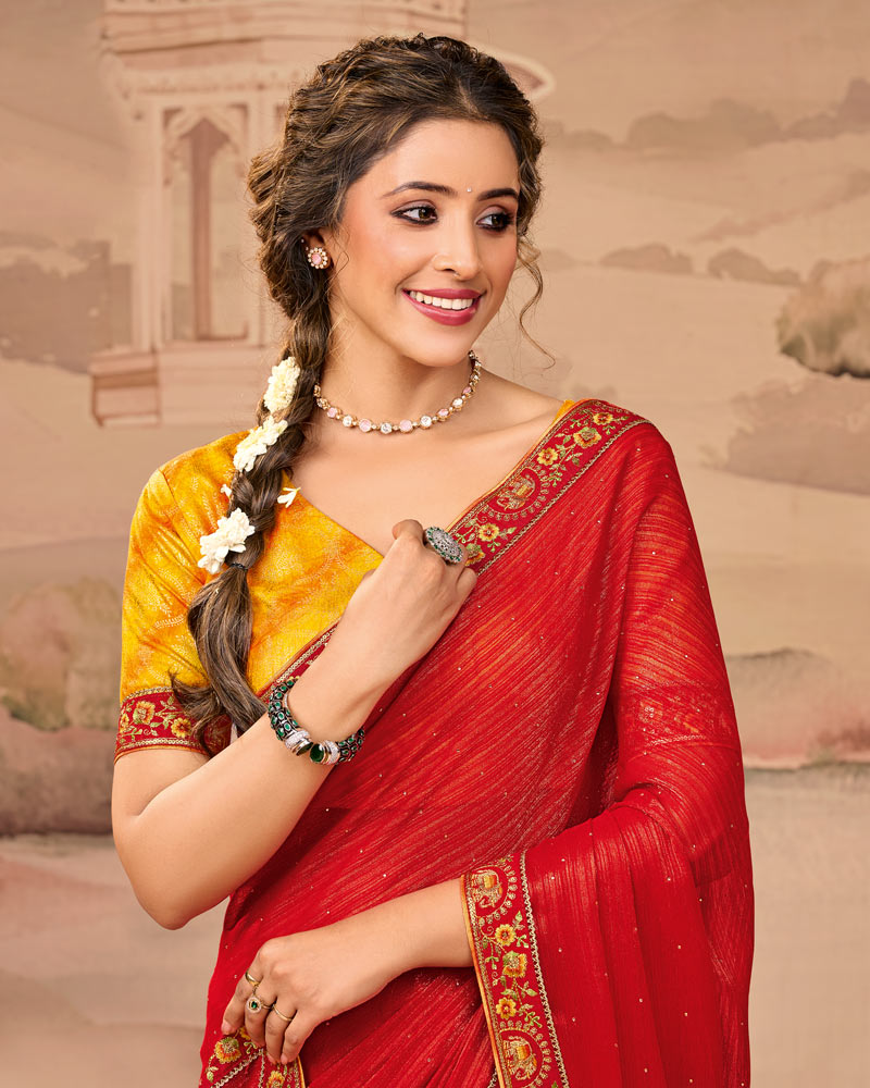 Vishal Prints Chilli Red Designer Fancy Chiffon Saree With Diamond Work And Cut Work Embroidery Border