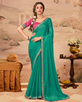 Vishal Prints Persian Green Designer Fancy Chiffon Saree With Diamond Work And Cut Work Embroidery Border
