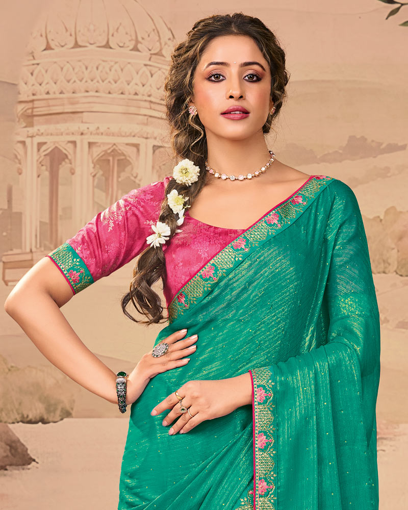 Vishal Prints Persian Green Designer Fancy Chiffon Saree With Diamond Work And Cut Work Embroidery Border