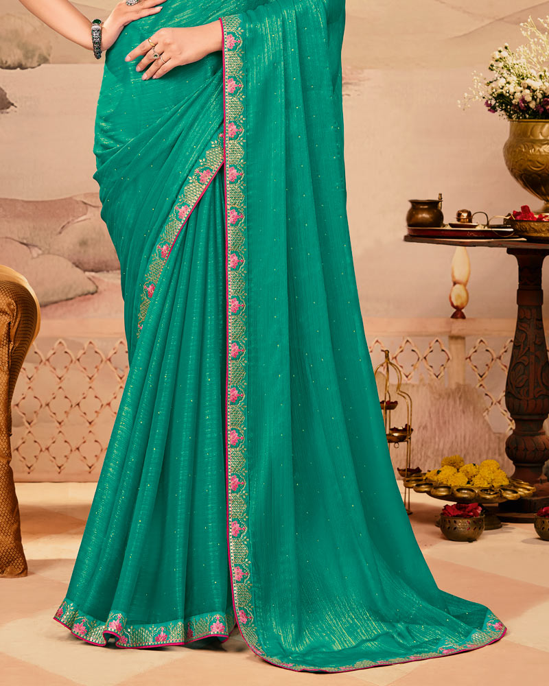 Vishal Prints Persian Green Designer Fancy Chiffon Saree With Diamond Work And Cut Work Embroidery Border