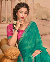 Vishal Prints Persian Green Designer Fancy Chiffon Saree With Diamond Work And Cut Work Embroidery Border