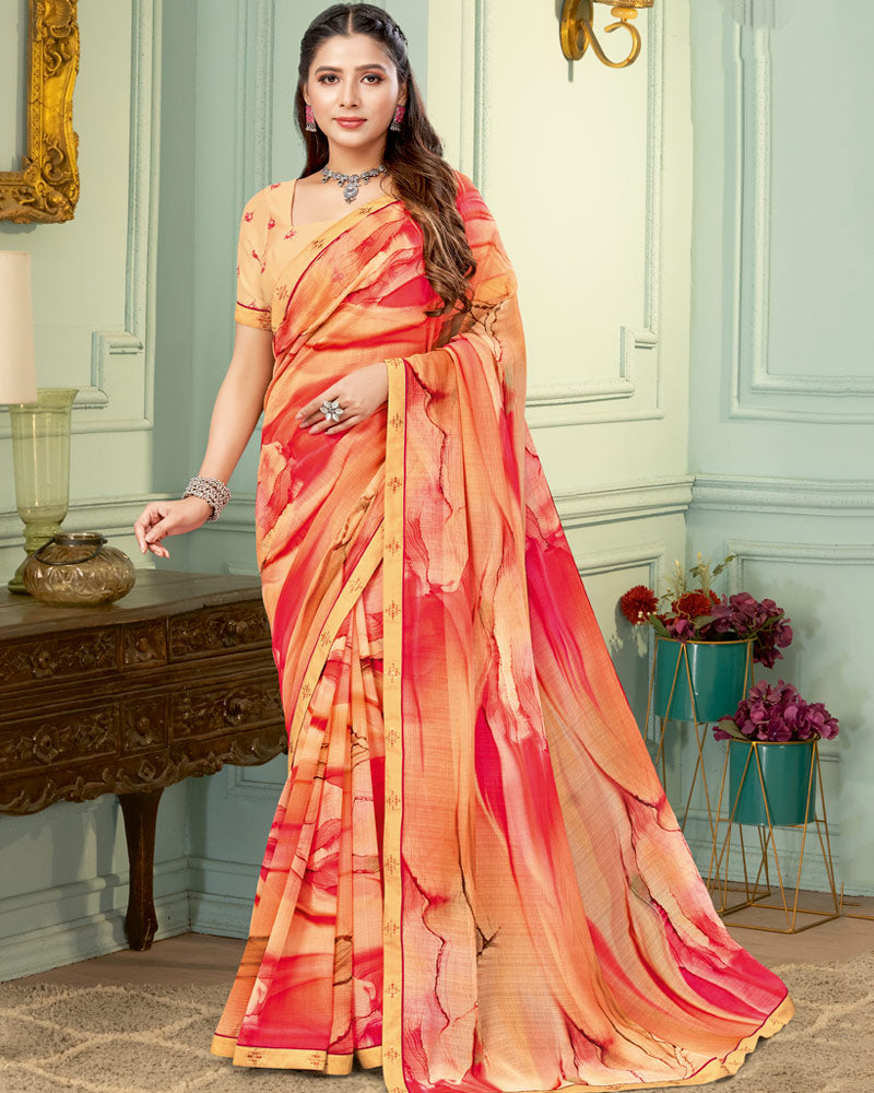 Vishal Prints Salmon Orange And Faded Red Digital Print Fancy Chiffon Saree With Border