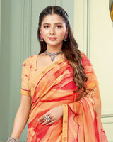 Vishal Prints Salmon Orange And Faded Red Digital Print Fancy Chiffon Saree With Border