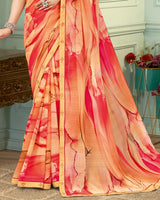 Vishal Prints Salmon Orange And Faded Red Digital Print Fancy Chiffon Saree With Border
