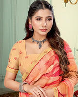 Vishal Prints Salmon Orange And Faded Red Digital Print Fancy Chiffon Saree With Border