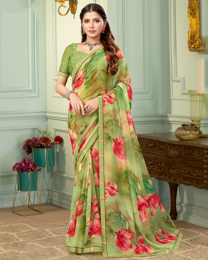 Vishal Prints Olivine Green And Carmine Pink Digital Print Fancy Chiffon Saree With Border