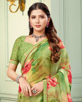 Vishal Prints Olivine Green And Carmine Pink Digital Print Fancy Chiffon Saree With Border